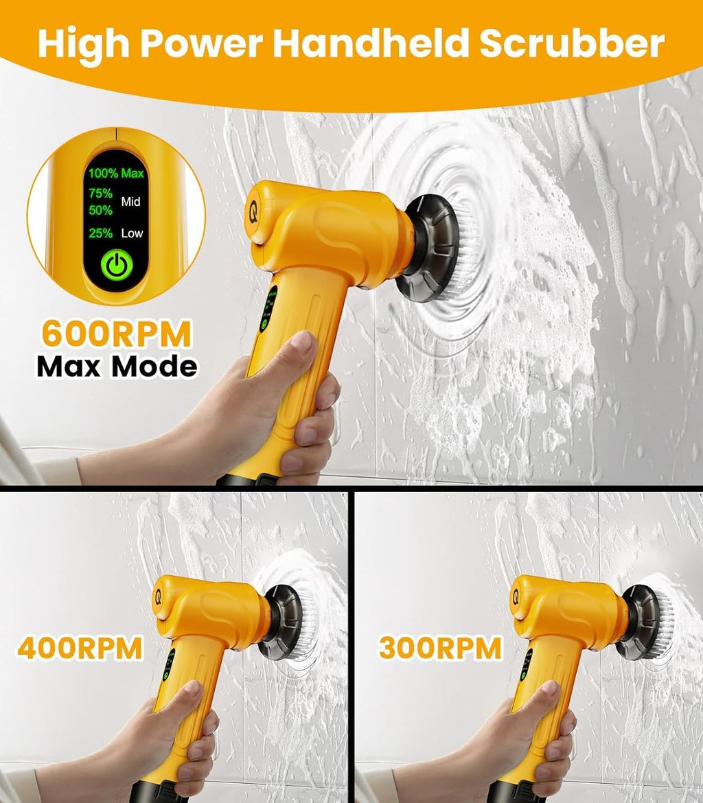 Electric Scrubber Handheld 5000 Mah Battery Cleaning Brush | 5 Brush Heads, 3 Speeds, 600 RPM, 2 Replaceable Batteries, Power Spin Scrubbing Brush for Kitchen, Sink, Dish, Window