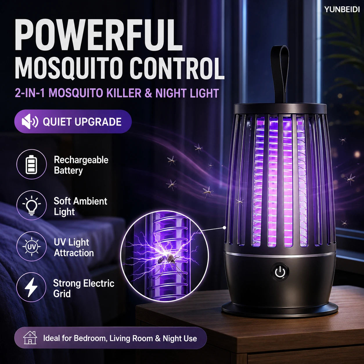 Mosquito Killer Lamp 2-In-1 UV Mosquito Killer Quiet Night Light USB Rechargeable Insect Killer Outdoor Mosquito Killer Lamp