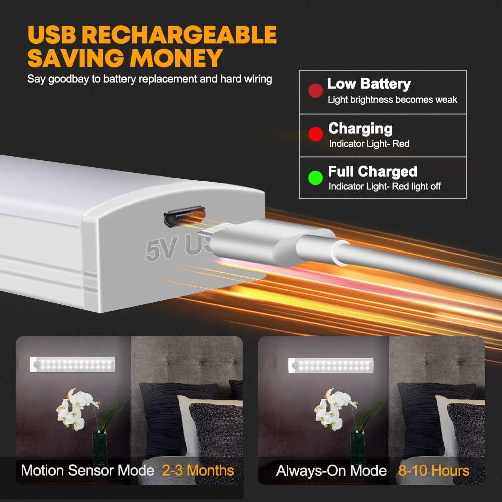 Motion Sensor Lights Rechargeable 40 Leds Wireless Dimming Indoor Night Light, Auto On/Off with Magnetic Stickers for Stick-On Anywhere for Stairs,Under Cabinet,Closet,Room, Wardrobe (6000K, 1 Pack)
