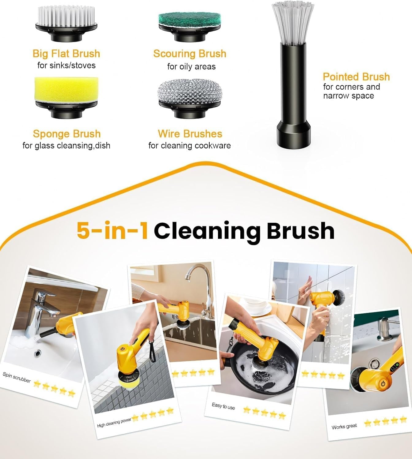 Electric Scrubber Handheld 5000 Mah Battery Cleaning Brush | 5 Brush Heads, 3 Speeds, 600 RPM, 2 Replaceable Batteries, Power Spin Scrubbing Brush for Kitchen, Sink, Dish, Window