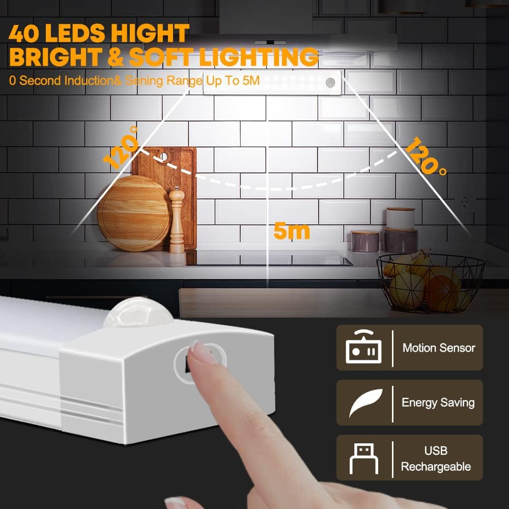 Motion Sensor Lights Rechargeable 40 Leds Wireless Dimming Indoor Night Light, Auto On/Off with Magnetic Stickers for Stick-On Anywhere for Stairs,Under Cabinet,Closet,Room, Wardrobe (6000K, 1 Pack)