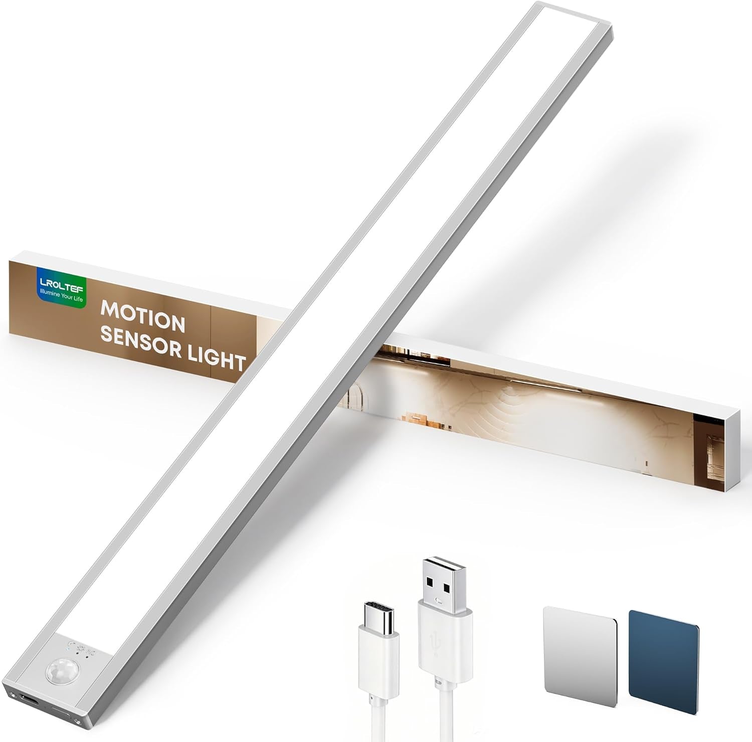 under Cabinet Dimmable Wardrobe Motion Sensor Lights 40Cm 2200Mah | 6500K,USB-C Rechargeable,4 Modes,Magnetic Stick Wireless,Under Counter Cupboard Kitchen Lights Indoor for Shelf Closet 1P