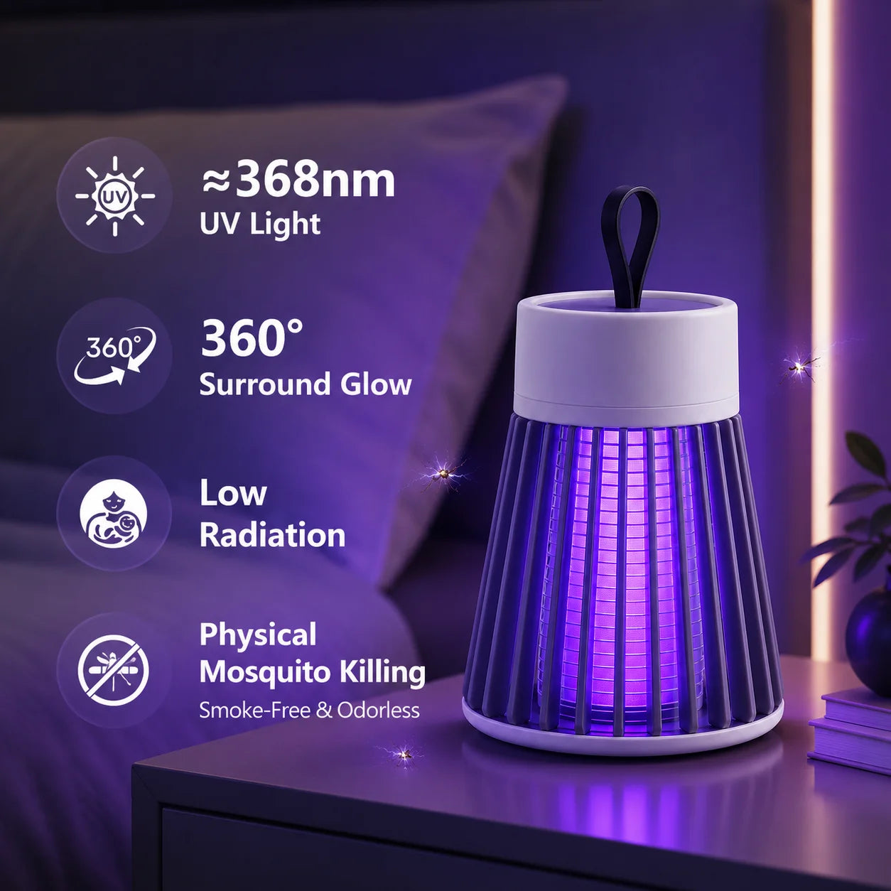 USB Type-C Mosquito Killer Lamp Electric Bug Zapper UV Insect Trap for Bedroom Outdoor Camping Gnats Flies Wasps