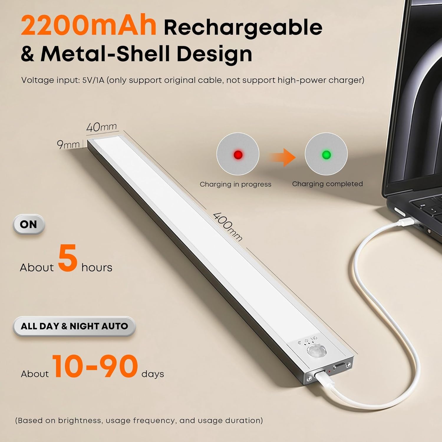 under Cabinet Dimmable Wardrobe Motion Sensor Lights 40Cm 2200Mah | 6500K,USB-C Rechargeable,4 Modes,Magnetic Stick Wireless,Under Counter Cupboard Kitchen Lights Indoor for Shelf Closet 1P
