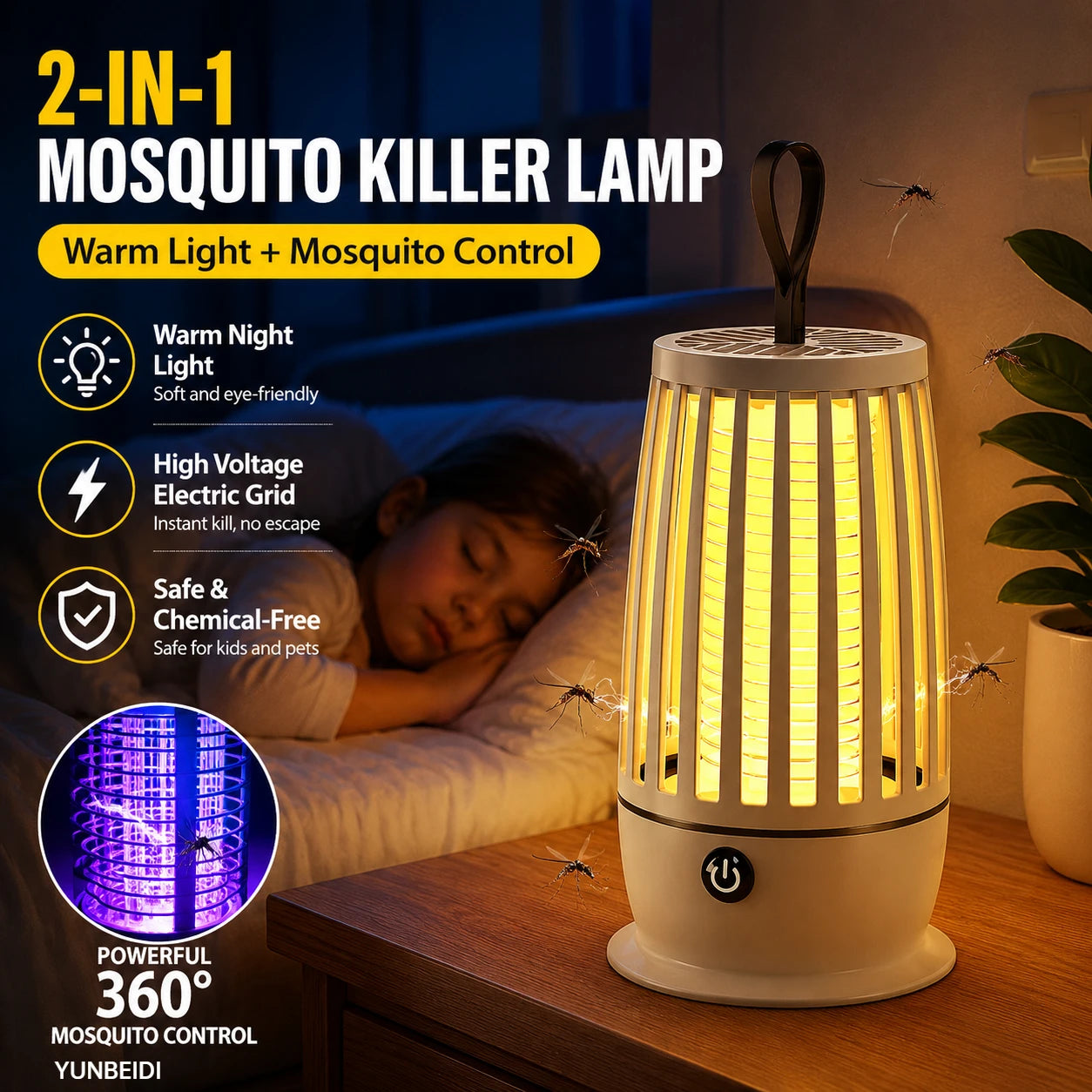 Mosquito Killer Lamp 2-In-1 UV Mosquito Killer Quiet Night Light USB Rechargeable Insect Killer Outdoor Mosquito Killer Lamp