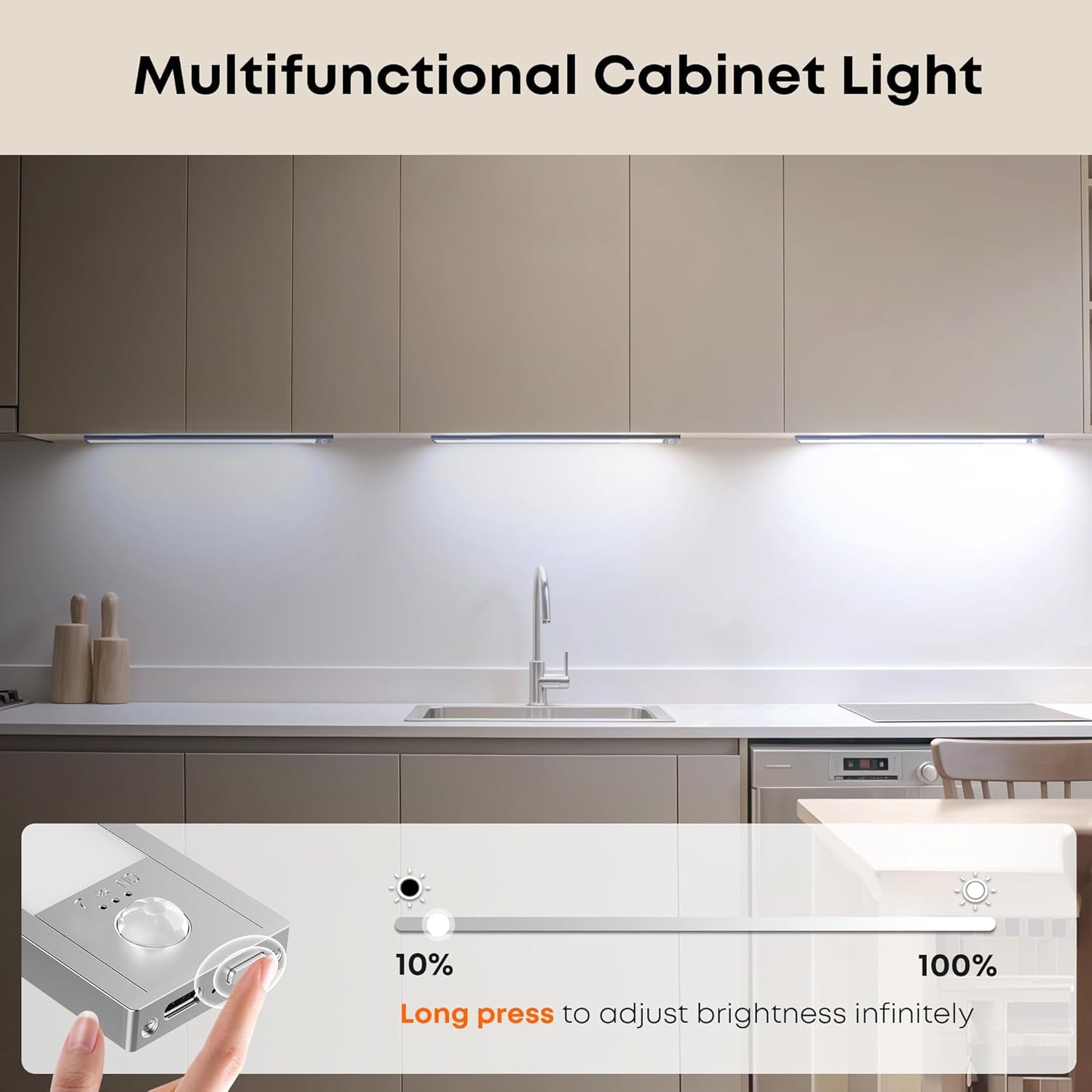 under Cabinet Dimmable Wardrobe Motion Sensor Lights 40Cm 2200Mah | 6500K,USB-C Rechargeable,4 Modes,Magnetic Stick Wireless,Under Counter Cupboard Kitchen Lights Indoor for Shelf Closet 1P