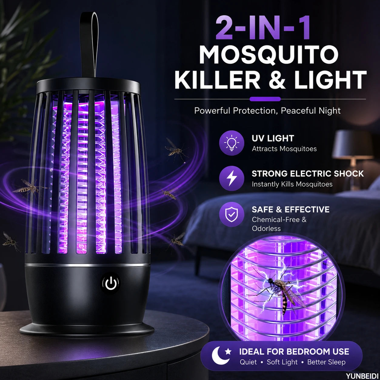 Mosquito Killer Lamp 2-In-1 UV Mosquito Killer Quiet Night Light USB Rechargeable Insect Killer Outdoor Mosquito Killer Lamp