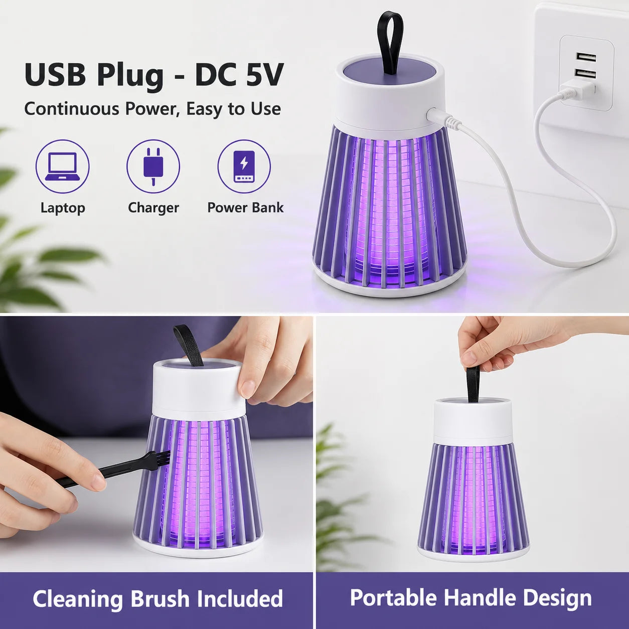 USB Type-C Mosquito Killer Lamp Electric Bug Zapper UV Insect Trap for Bedroom Outdoor Camping Gnats Flies Wasps